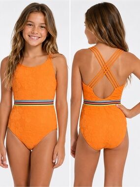 Hobie Girls Terry Tropical One Piece Swimsuit Orange Floral Size 12 NWT $46